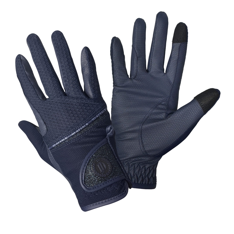 Hook and loop closure with a glitter logo on Dally riding gloves