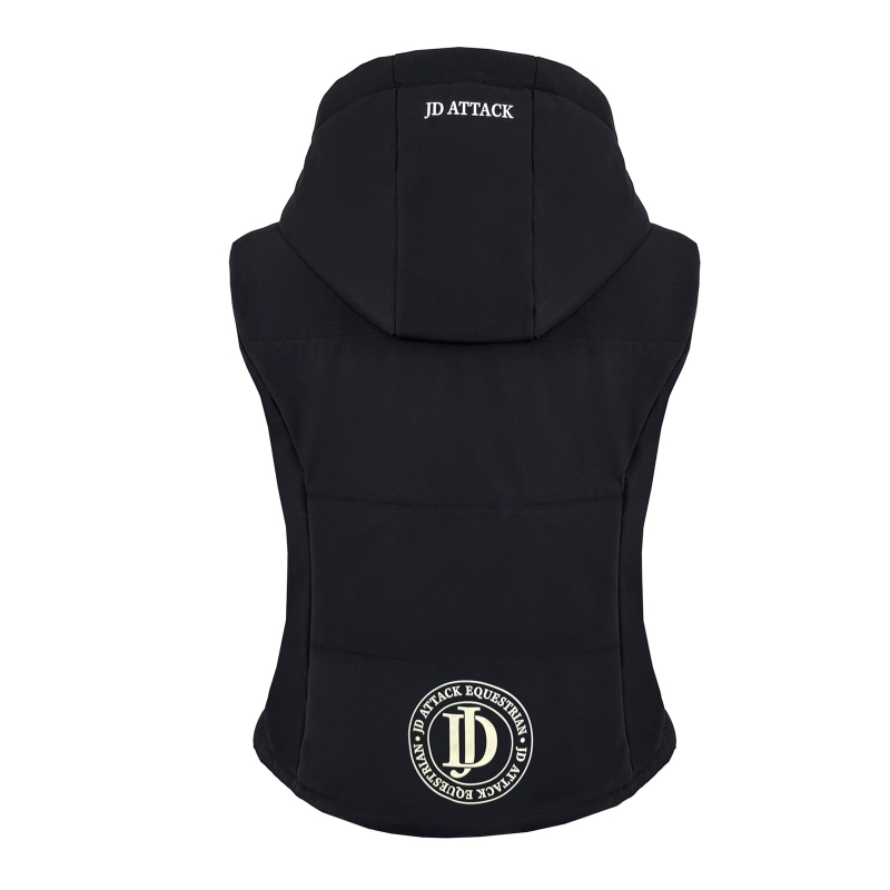 JD Attack Equestrian logo on the back of the Greta black vest