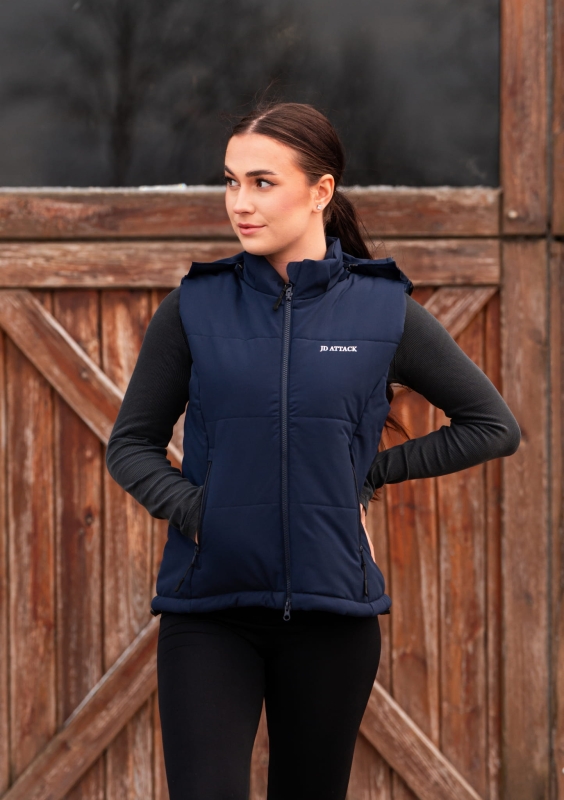 Detachable hood of the Greta navy vest with JD Attack logo