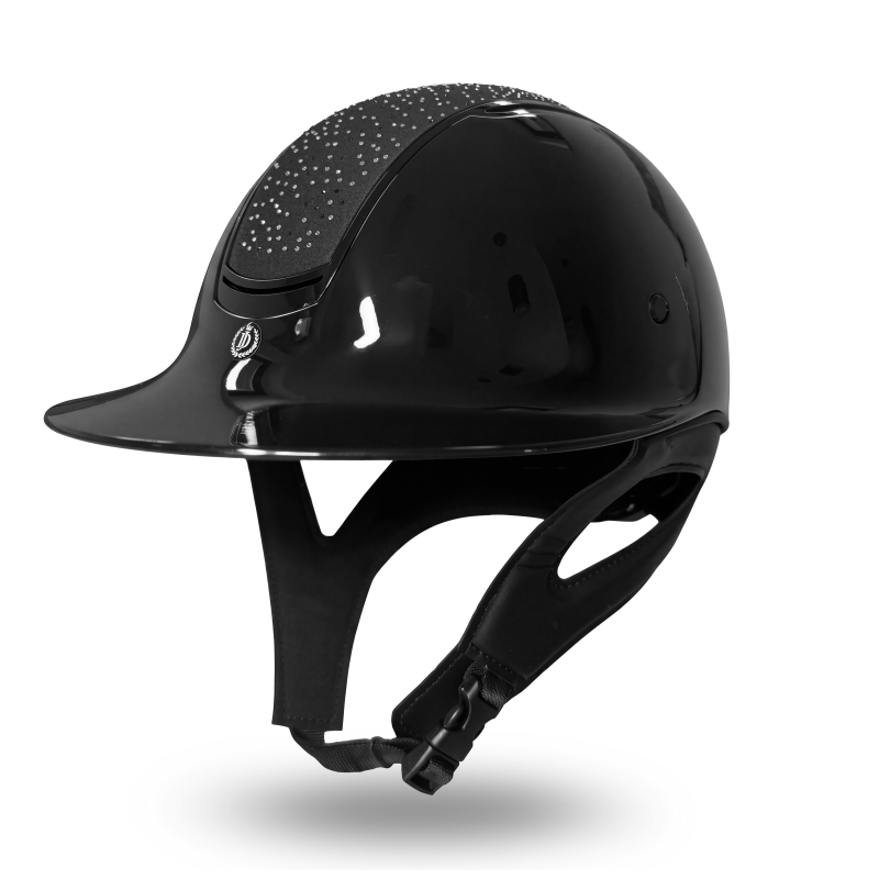 Side view of the Moonlight riding helmet: crystal panel and wider peak