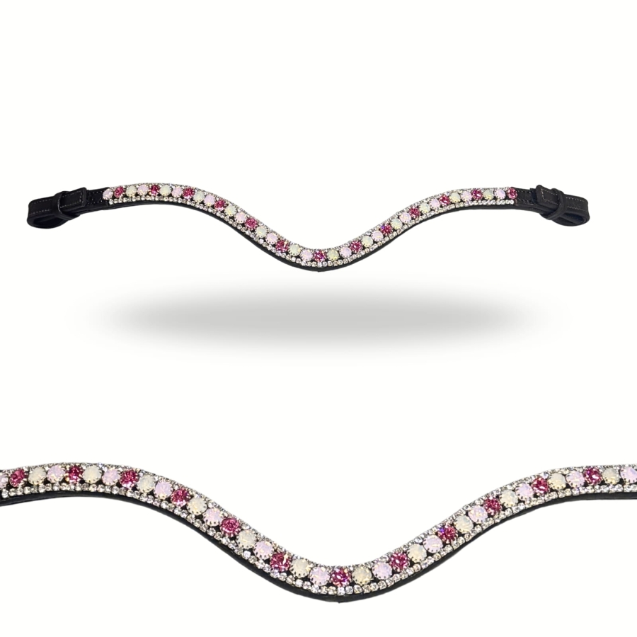 JD ATTACK Rosie browband in black leather with pink and silver crystals