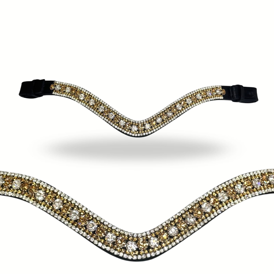 JD ATTACK Golden King browband in brown leather with gold and silver crystals