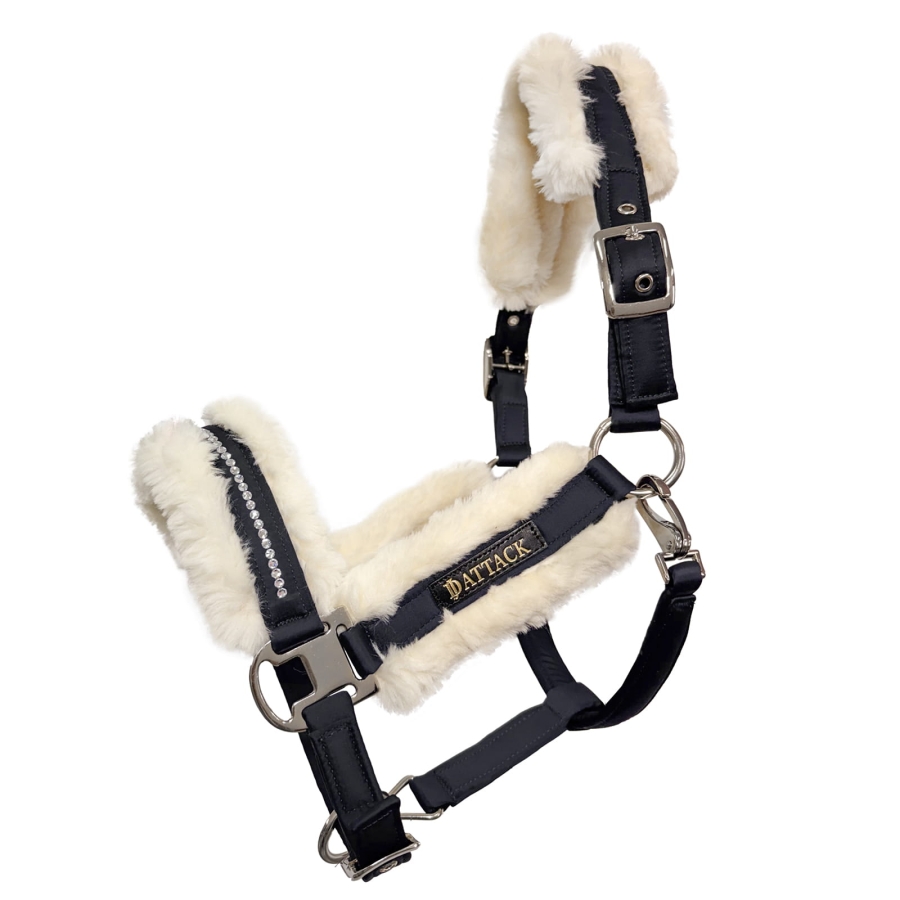JD ATTACK black Onyx horse halter with faux fur and crystals