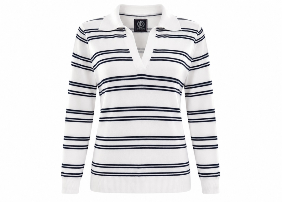 Hannah white summer sweater by JD ATTACK with navy stripes, a collar and a V-neckline