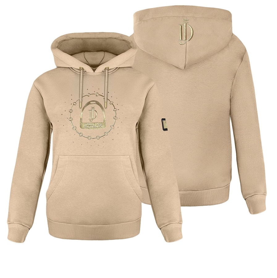 Beige JD Attack Suzie riding hoodie with stirrup embroidery, front and back
