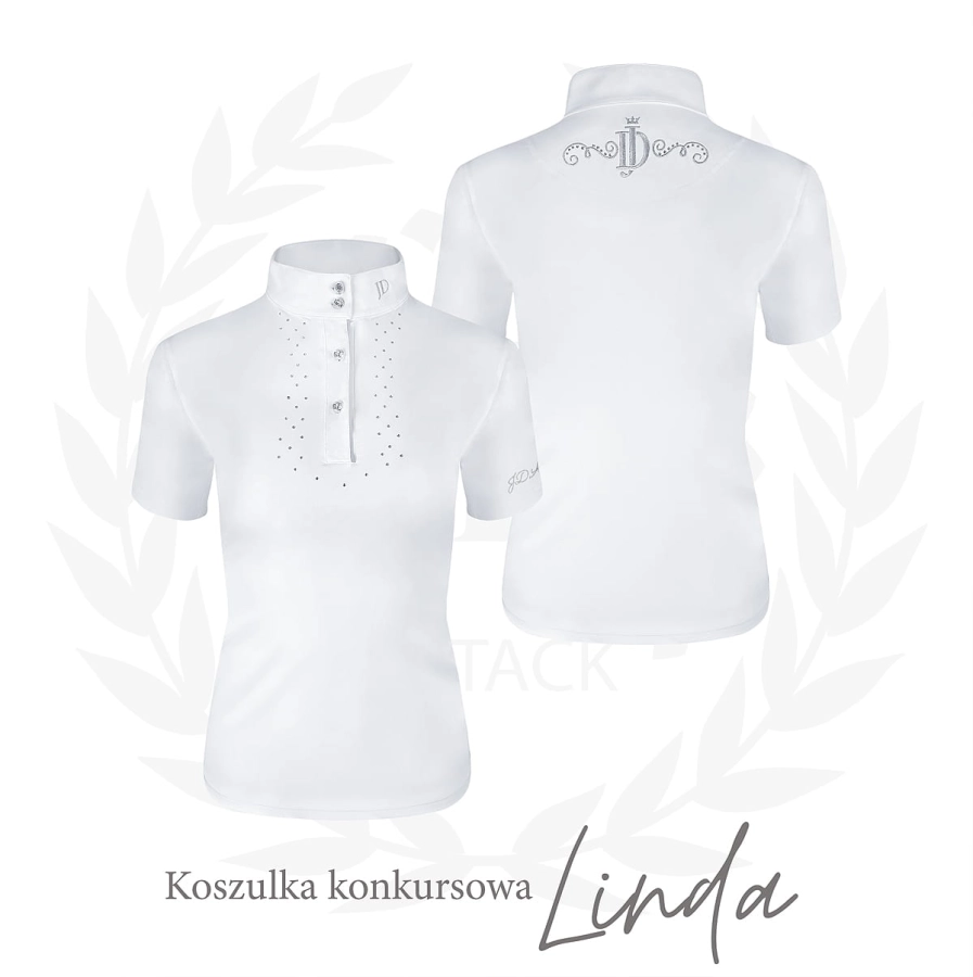 Biała koszula konkursowa Linda z kryształkami na tle z wieńcem laurowym