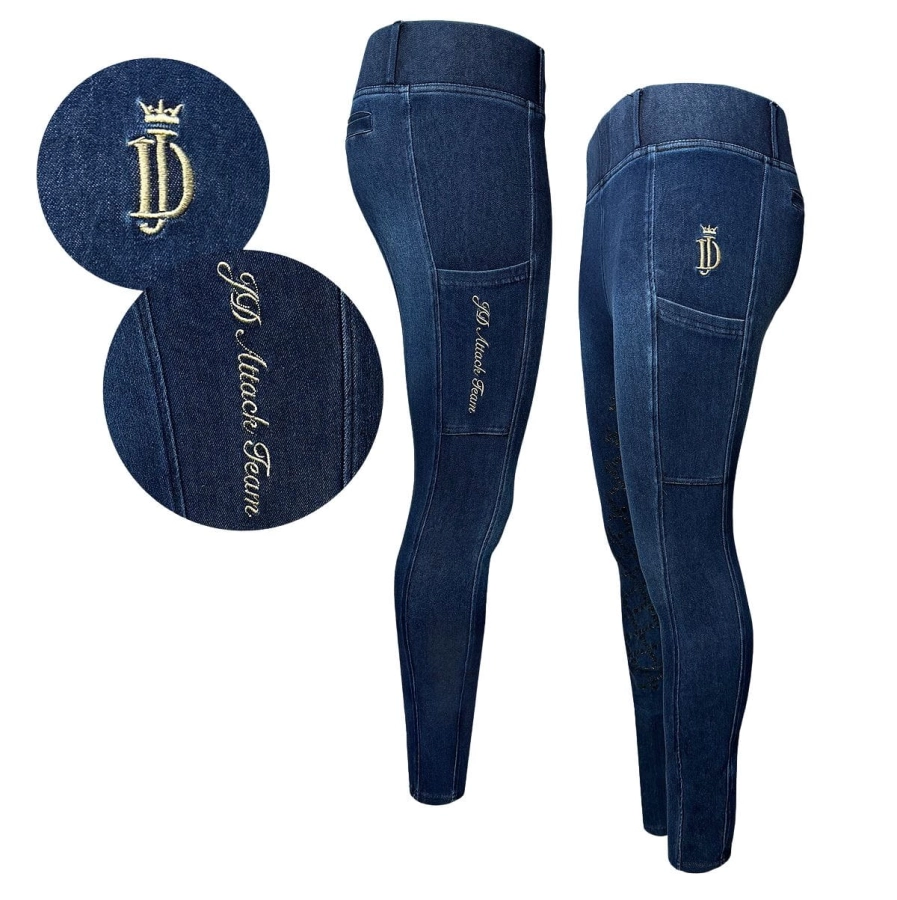 Legginsy Denim Flex z boku oraz detal haftowanego logo i napisu