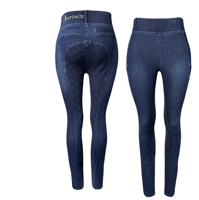 Legginsy jeździeckie Denim Flex z jeansowego materiału, widok z tyłu i z przodu
