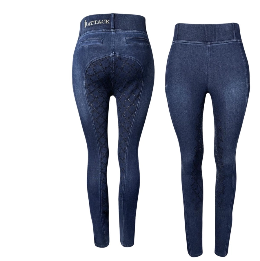 Legginsy jeździeckie Denim Flex z jeansowego materiału, widok z tyłu i z przodu
