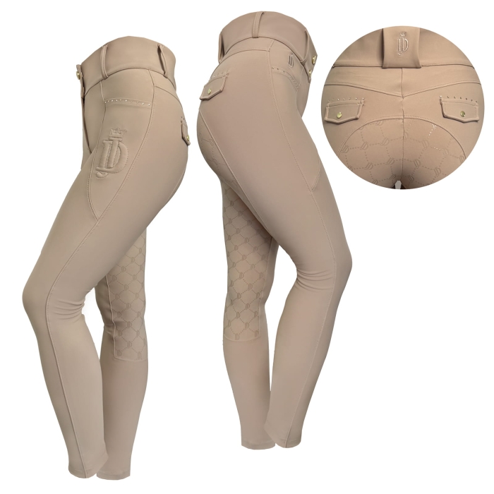 Legginsy jeździeckie Elite w kolorze beżowym z pełnym lejem i detalem kieszeni