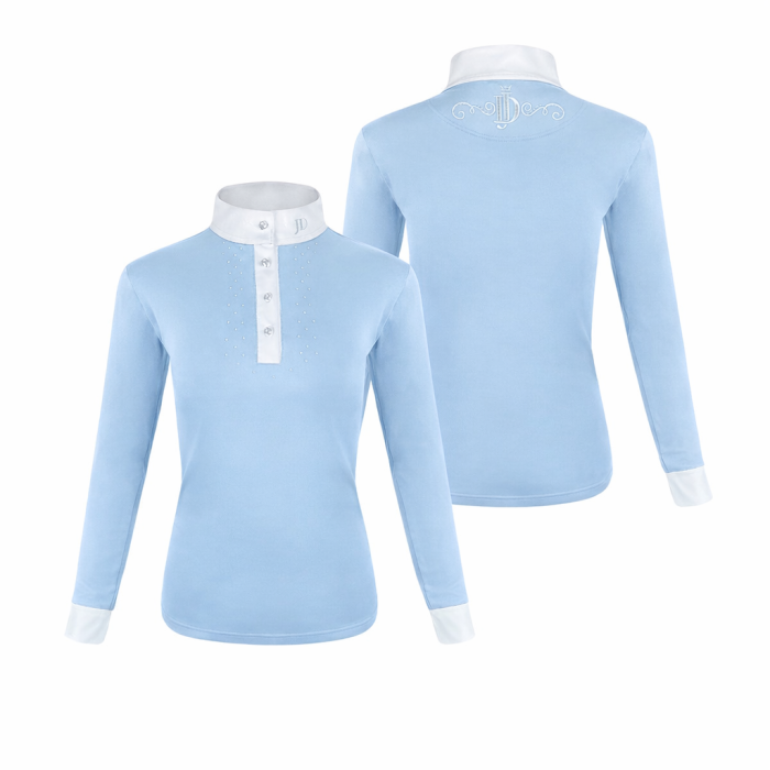 Dziecięca koszula startowa w kolorze baby blue z długim rękawem. Koszula na zawody jeździeckie dla dzieci.