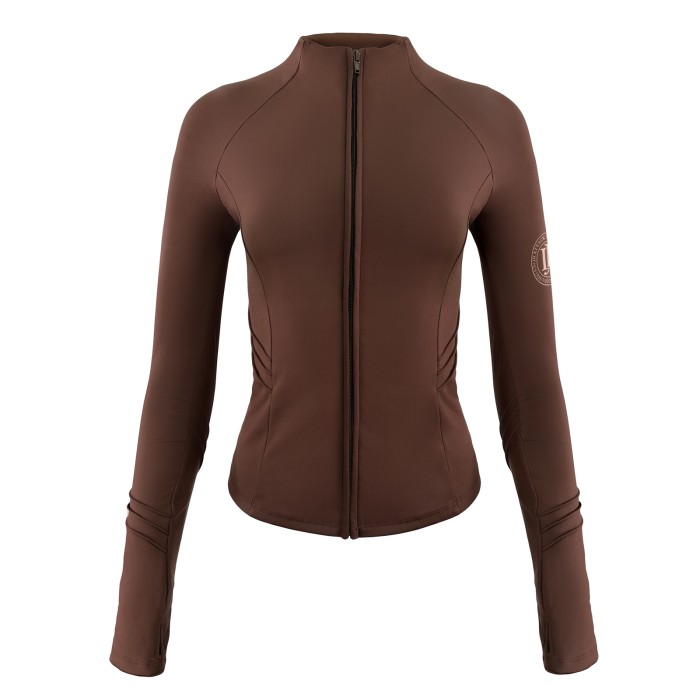 Techniczna bluza jeździecka Active w kolorze brązowym,  to elastyczna bluza jak „druga skóra” do jazdy konnej. Oddychający materiał, stójka i otwory na kciuki zapewniają komfort w siodle. Modelujący krój i funkcjonalny zamek