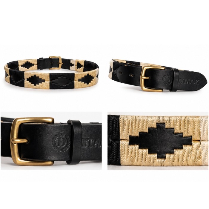 Skórzany pasek Polo Glam z ręcznym haftem w stylu pampas. Wykonany z czarnej skóry naturalnej, zdobiony złotą nicią i mosiężną klamrą. Idealny do bryczesów i dżinsów.