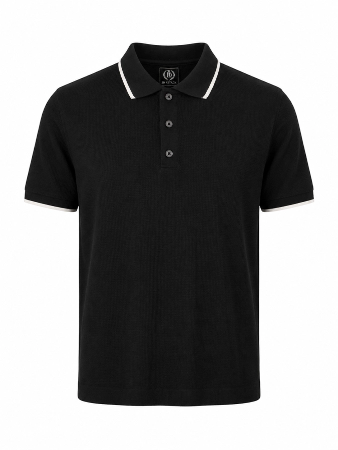 Classic men's polo shirt Lucas by JD Attack in deep black. Front view showing the smooth material with a fine pique structure, a three-button placket with black buttons, and an elegant collar and cuffs finished with a thin, contrasting white stripe.