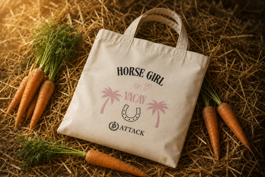 Ekologiczna torba bawełniana Vacay od JD Attack w kolorze ecru na jasnoróżowym tle. Widoczny czarno-różowy nadruk Horse Girl on Vacay z palmami, podkową i logo marki oraz praktyczne, podwójne uchwyty na ramię i do ręki.