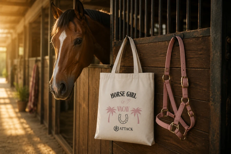 Ekologiczna torba bawełniana Vacay od JD Attack w kolorze ecru na jasnoróżowym tle. Widoczny czarno-różowy nadruk Horse Girl on Vacay z palmami, podkową i logo marki oraz praktyczne, podwójne uchwyty na ramię i do ręki.