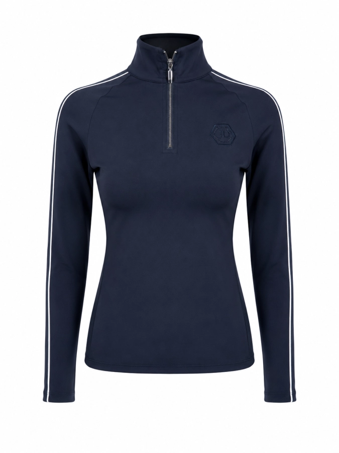Navy blue women's riding shirt Norya by JD Attack. Fitted long-sleeve base layer with a zip mock neck, white piping along the sleeves, a hexagonal chest logo, and a bold white JD ATTACK print on the forearm.