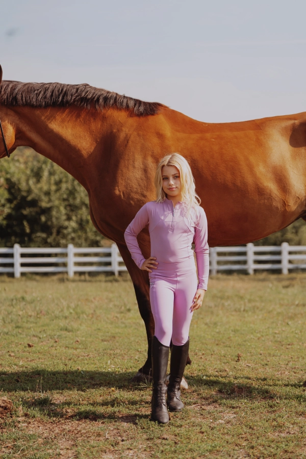 Children's Long Sleeve Horse Riding Blouse in light purple colour. Very comfortable and lightweight.