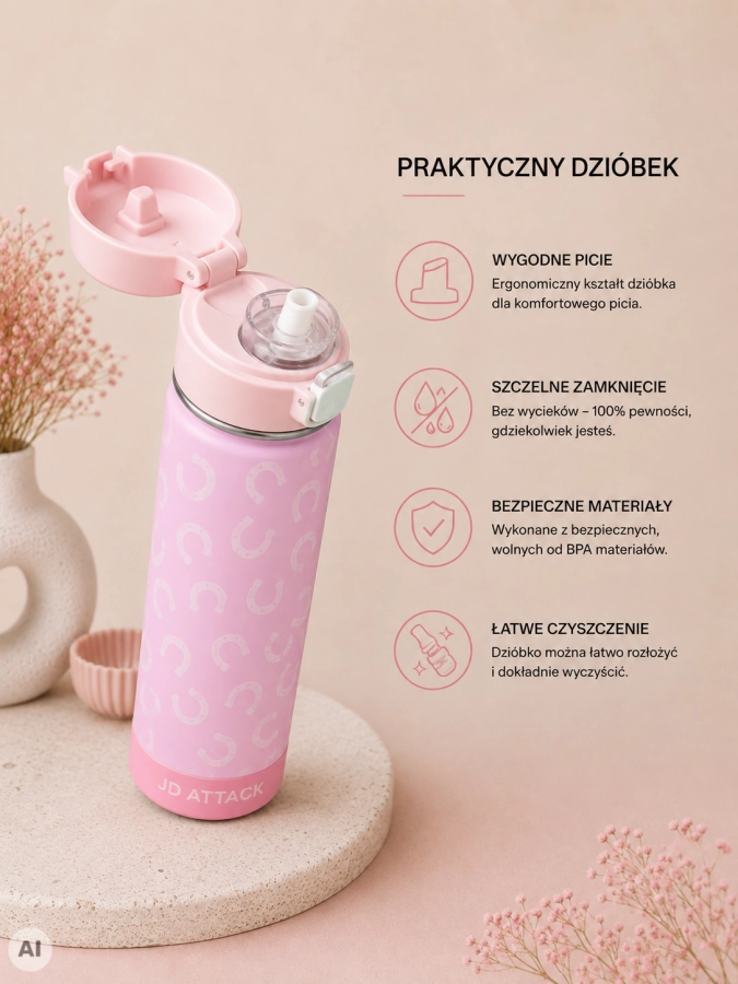 Różowy kubek termiczny Hooves 550 ml JD ATTACK. Stal nierdzewna, szczelne zamknięcie, wygodny ustnik i utrzymanie temperatury do 24 h.