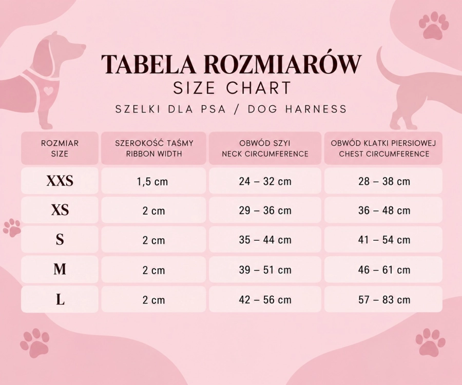 Tabela rozmiarowa szelek dla psa
