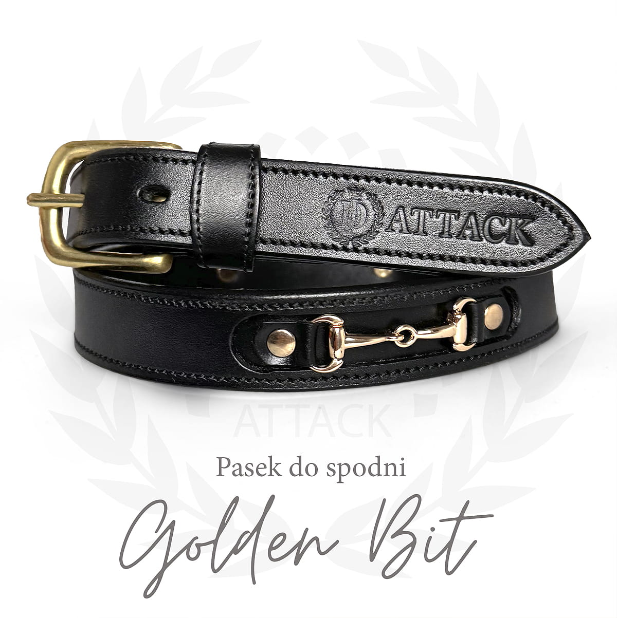 Czarny skórzany pasek do spodni Golden Bit JD Attack ze złotym wędzidłem